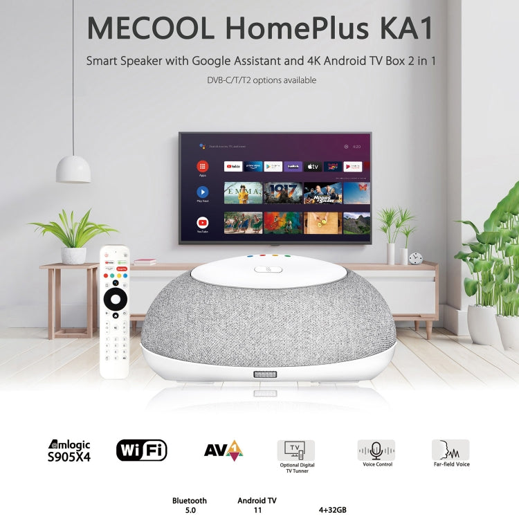 MECOOL KA1 Smart TV Speaker Android 11 TV Box with Remote Control, Amlogic S905X4 Quad Core Cortex-A55, 4GB+32GB, Dual-Band / Bluetooth / Ethernet / DVB-T/T2 / DVB-C(US Plug) - Amlogic S905 by MECOOL | Online Shopping UK | buy2fix