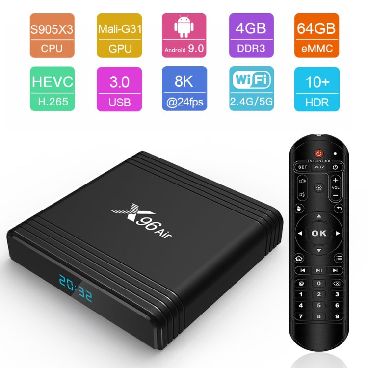 X96 Air 8K Smart TV BOX Android 9.0 Media Player with Remote Control, Quad-core Amlogic S905X3, RAM: 4GB, ROM: 64GB, Dual Band WiFi, Bluetooth, US Plug - Consumer Electronics by buy2fix | Online Shopping UK | buy2fix