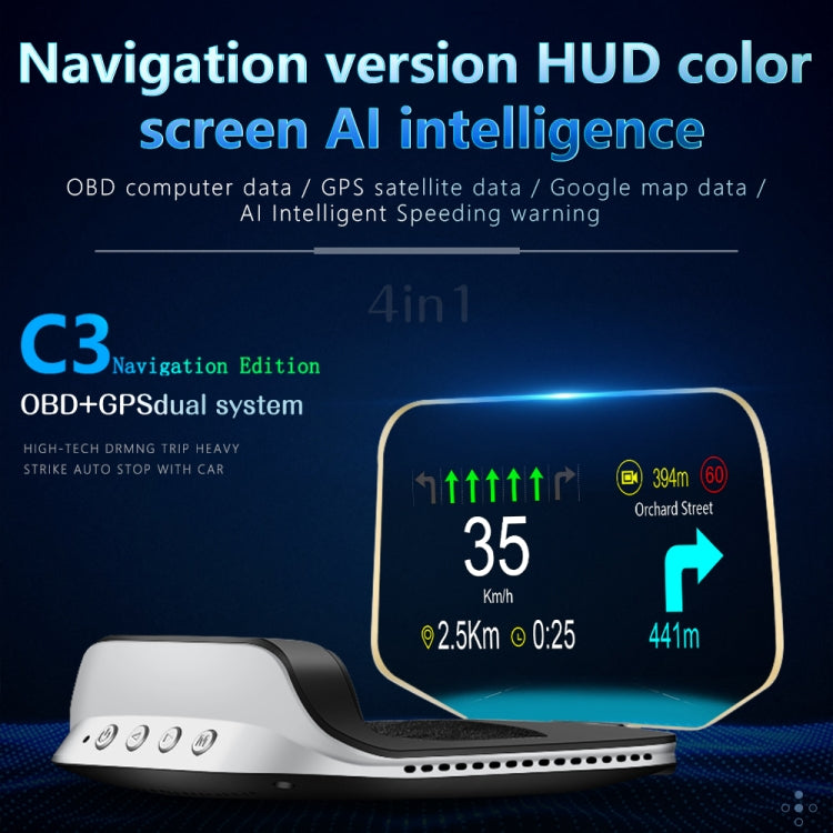 C3 OBD2 + GPS Mode Car Head-up Display HUD Overspeed / Speed / Water Temperature Too High / Voltage Too Low / Engine Failure Alarm / Fatigue Driving Reminder / Navigation Function -  by buy2fix | Online Shopping UK | buy2fix