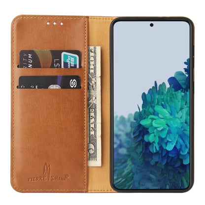 For Samsung Galaxy S21 5G Fierre Shann PU Genuine Leather Texture Horizontal Flip Leather Case with Holder & Card Slots & Wallet(Brown) - Galaxy S21 5G Cases by FIERRE SHANN | Online Shopping UK | buy2fix