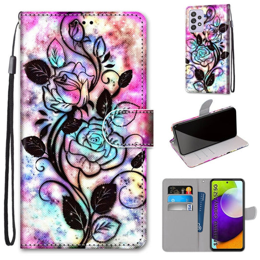 For Samsung Galaxy A52 5G / 4G Coloured Drawing Cross Texture Horizontal Flip PU Leather Case with Holder & Card Slots & Wallet & Lanyard(Color Bottom Hollow Flower) - Samsung Accessories by buy2fix | Online Shopping UK | buy2fix