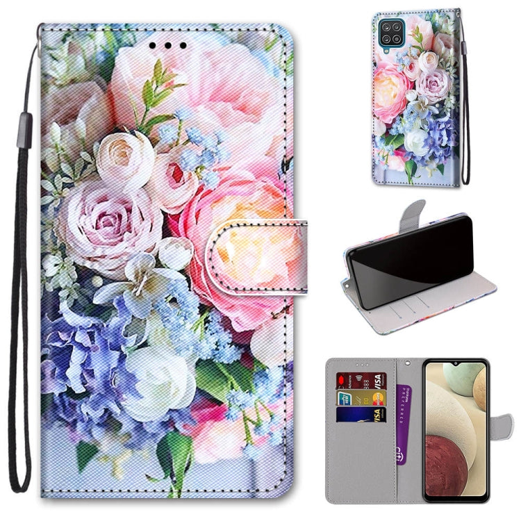 For Samsung Galaxy A12 / M12 Coloured Drawing Cross Texture Horizontal Flip PU Leather Case with Holder & Card Slots & Wallet & Lanyard(Light Pink Bouquet) - Samsung Accessories by buy2fix | Online Shopping UK | buy2fix