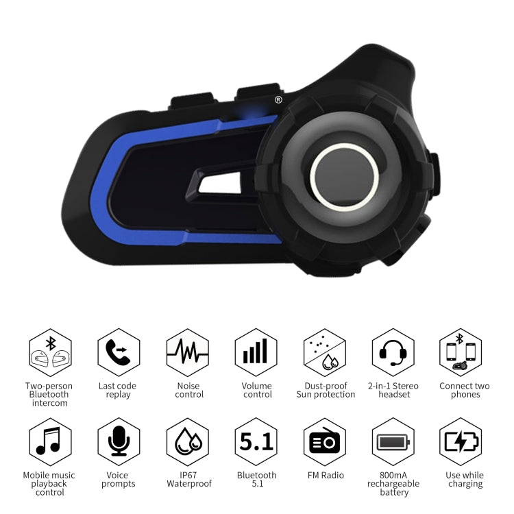 WUPP CS-1412A1 Bluetooth 5.1 S2 Motorcycle Helmet Full Duplex Bluetooth Intercom Headset Earphone(Blue) - Consumer Electronics by buy2fix | Online Shopping UK | buy2fix