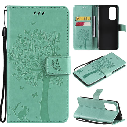 For OnePlus 9 Pro Tree & Cat Pattern Pressed Printing Horizontal Flip PU Leather Case with Holder & Card Slots & Wallet & Lanyard(Green) - OnePlus Cases by buy2fix | Online Shopping UK | buy2fix