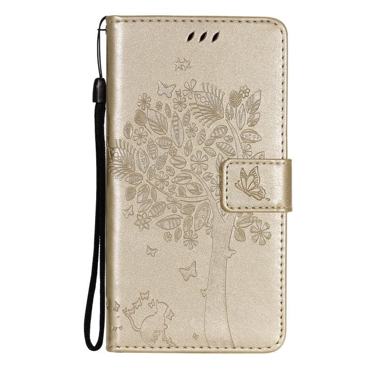 For Huawei P50 Pro Tree & Cat Pattern Pressed Printing Horizontal Flip PU Leather Case with Holder & Card Slots & Wallet & Lanyard(Gold) - Huawei Cases by buy2fix | Online Shopping UK | buy2fix