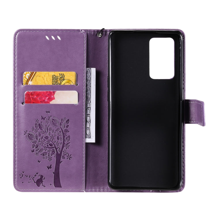 For OPPO Reno6 Pro 5G Tree & Cat Pattern Pressed Printing Horizontal Flip PU Leather Case with Holder & Card Slots & Wallet & Lanyard(Light Purple) - OPPO Cases by buy2fix | Online Shopping UK | buy2fix