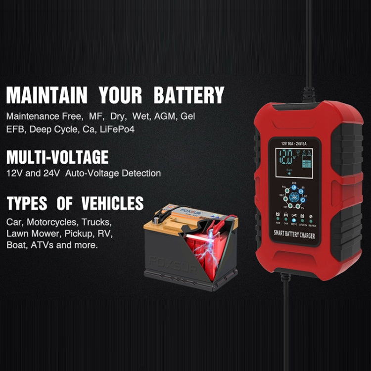 FOXSUR 10A 12V 7-segment Motorcycle / Car Smart Battery Charger, Plug Type:EU Plug(Red) - Battery Charger by FOXSUR | Online Shopping UK | buy2fix