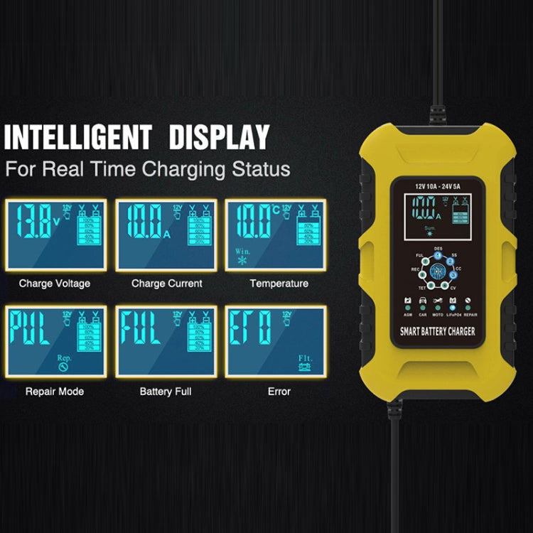 FOXSUR 10A 12V 7-segment Motorcycle / Car Smart Battery Charger, Plug Type:EU Plug(Yellow) - In Car by FOXSUR | Online Shopping UK | buy2fix