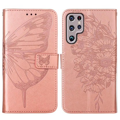 For Samsung Galaxy S22 Ultra 5G Embossed Butterfly Leather Phone Case with Holder & Card Slot & Wallet & Lanyard(Rose Gold) - Samsung Accessories by buy2fix | Online Shopping UK | buy2fix
