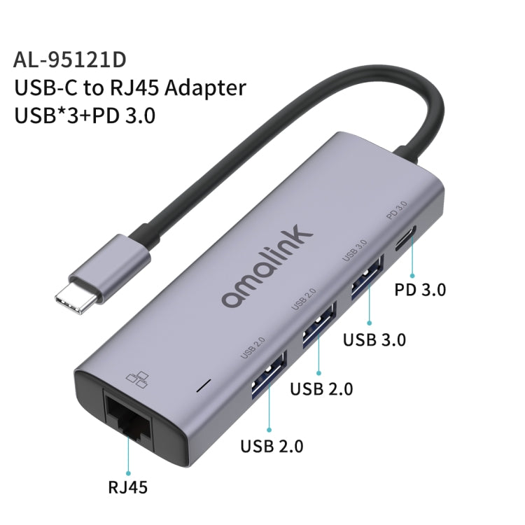 amalink 95121D Type-C / USB-C to RJ45 + 3 Ports USB + PD 3.0 Multi-function HUB(Grey) - Computer & Networking by amalink | Online Shopping UK | buy2fix