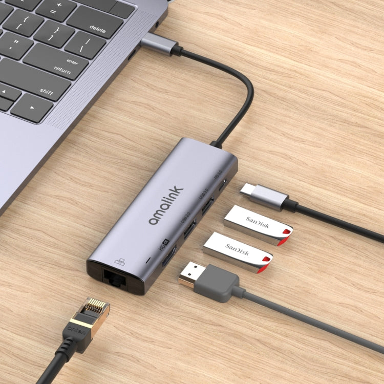 amalink 95125D Type-C / USB-C to HDMI + RJ45 + 2 Ports USB + PD 3.0 Multi-function HUB(Grey) - USB HUB by amalink | Online Shopping UK | buy2fix