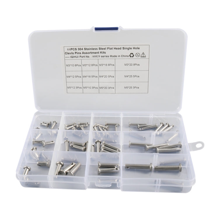 A6829 64 in 1 304 Stainless Steel Flat Head Single Hole Clevis Pins Assortment Kit - In Car by buy2fix | Online Shopping UK | buy2fix