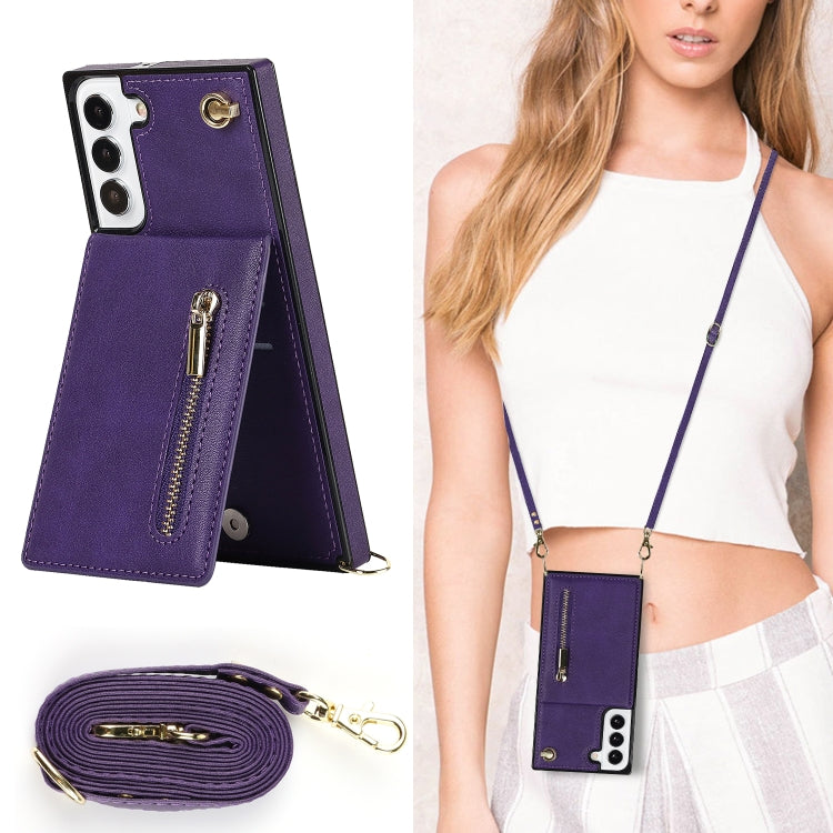 For Samsung Galaxy S22 5G Cross-body Square Zipper Card Holder Bag Phone Case(Purple) - Samsung Accessories by buy2fix | Online Shopping UK | buy2fix