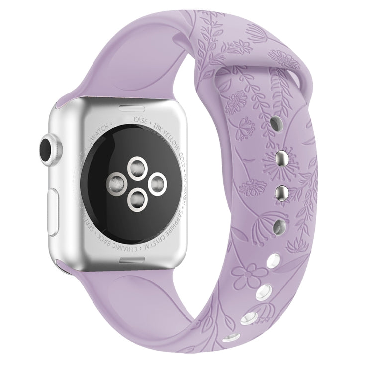 Butterflies Love Flower Embossing Silicone Watch Band For Apple Watch Series 8&7 41mm / SE 2&6&SE&5&4 40mm / 3&2&1 38mm(Lavender) - Smart Wear by buy2fix | Online Shopping UK | buy2fix