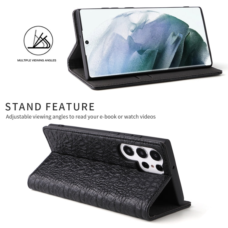 For Samsung Galaxy S22 Ultra 5G Fierre Shann Crocodile Texture Magnetic Genuine Leather Phone Case(Black) - Galaxy S22 Ultra 5G Cases by FIERRE SHANN | Online Shopping UK | buy2fix