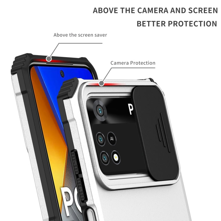 For Xiaomi Poco M4 Pro 4G Stereoscopic Holder Sliding Camshield Phone Case(White) - Xiaomi Cases by buy2fix | Online Shopping UK | buy2fix