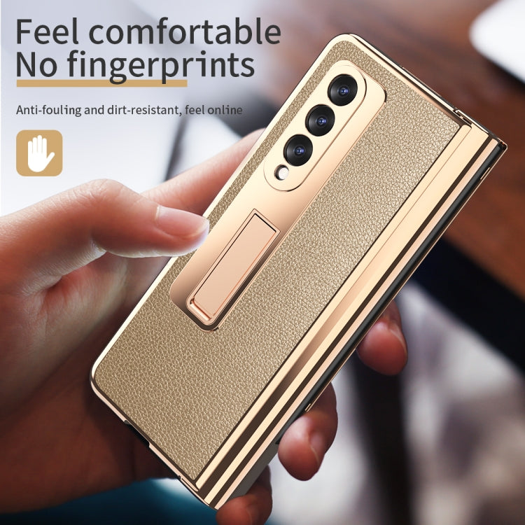 For Samsung Galaxy Z Fold3 Litchi Texture Integrated Electroplating Hinge Flip Phone Case with Pen Slot(Gold) - Galaxy Phone Cases by buy2fix | Online Shopping UK | buy2fix