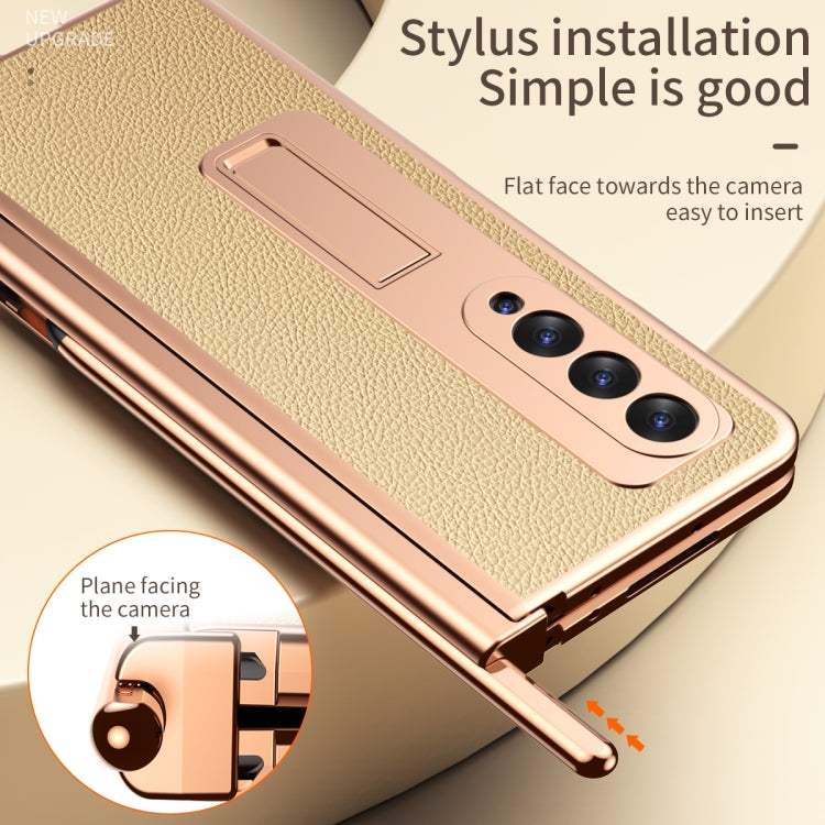 For Samsung Galaxy Z Fold3 5G Litchi Texture Leather Hinged Electroplated Phone Case with S Pen Fold Edition & Protective Film(Gold) - Galaxy Phone Cases by buy2fix | Online Shopping UK | buy2fix