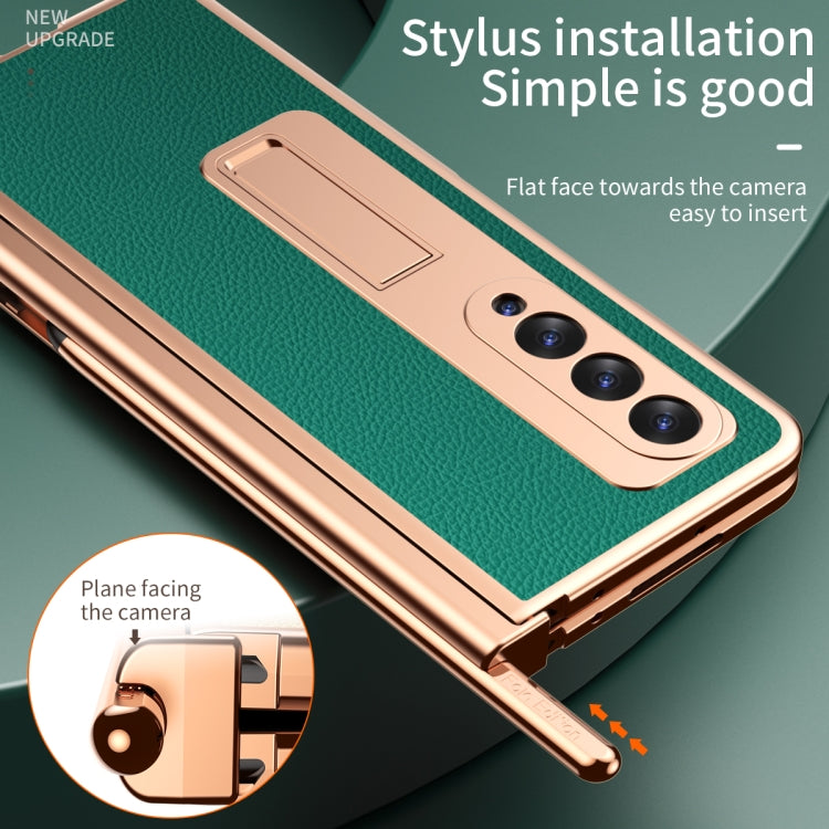 For Samsung Galaxy Z Fold3 5G Litchi Texture Leather Hinged Electroplated Phone Case with S Pen Fold Edition & Protective Film(Green) - Galaxy Phone Cases by buy2fix | Online Shopping UK | buy2fix