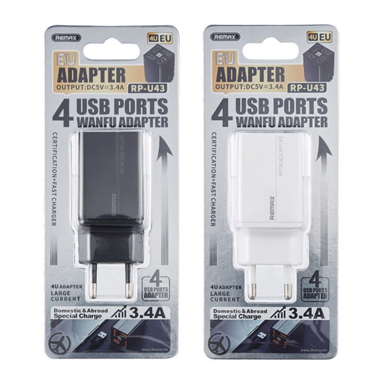 REMAX RP-U43 3.4A 4 USB Port Fast Charger, Specification:EU Plug(White) - Mobile Accessories by REMAX | Online Shopping UK | buy2fix