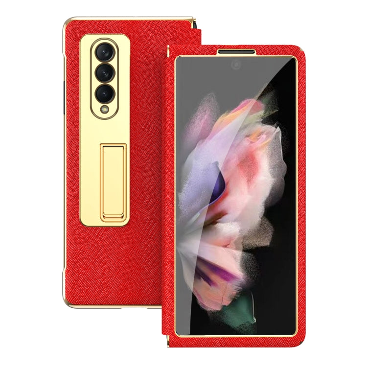 For Samsung Galaxy Z Fold3 5G Cross Texture Integrated Electroplating Hinge Flip Phone Case with Tempered Film(Red) - Galaxy Phone Cases by buy2fix | Online Shopping UK | buy2fix