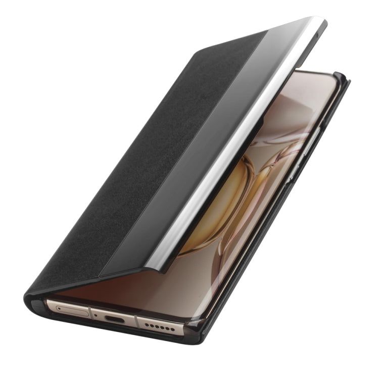 For Huawei P50 QIALINO Magnetic Side Window View Genuine Leather Smart Phone Case(Black) - Huawei Cases by QIALINO | Online Shopping UK | buy2fix