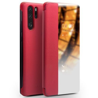 For Huawei P30 Pro QIALINO Genuine Leather Side Window View Smart Phone Case(Red) - Huawei Cases by QIALINO | Online Shopping UK | buy2fix