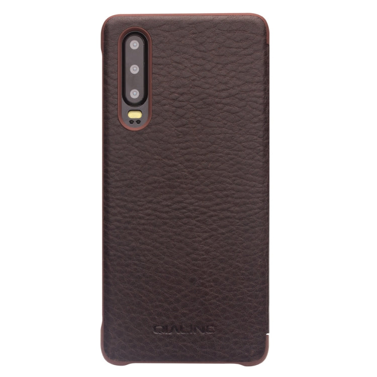 For Huawei P30 QIALINO Genuine Leather Side Window View Smart Phone Case(Brown) - Huawei Cases by QIALINO | Online Shopping UK | buy2fix