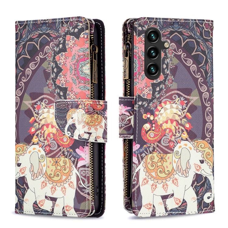 For Samsung Galaxy A14 5G Colored Drawing Pattern Zipper Leather Phone Case(Flower Elephants) - Galaxy Phone Cases by buy2fix | Online Shopping UK | buy2fix