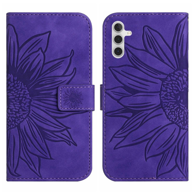 For Samsung Galaxy A14 5G Skin Feel Sun Flower Pattern Flip Leather Phone Case with Lanyard(Dark Purple) - Galaxy Phone Cases by buy2fix | Online Shopping UK | buy2fix