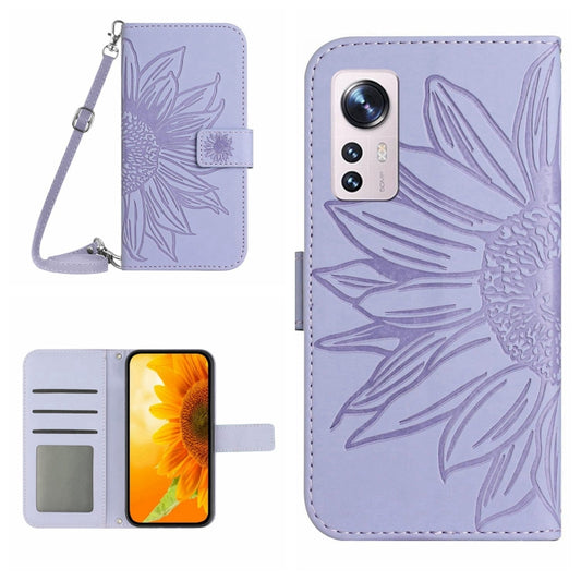 For Xiaomi 12 / 12X Skin Feel Sun Flower Pattern Flip Leather Phone Case with Lanyard(Purple) - 12 Cases by buy2fix | Online Shopping UK | buy2fix