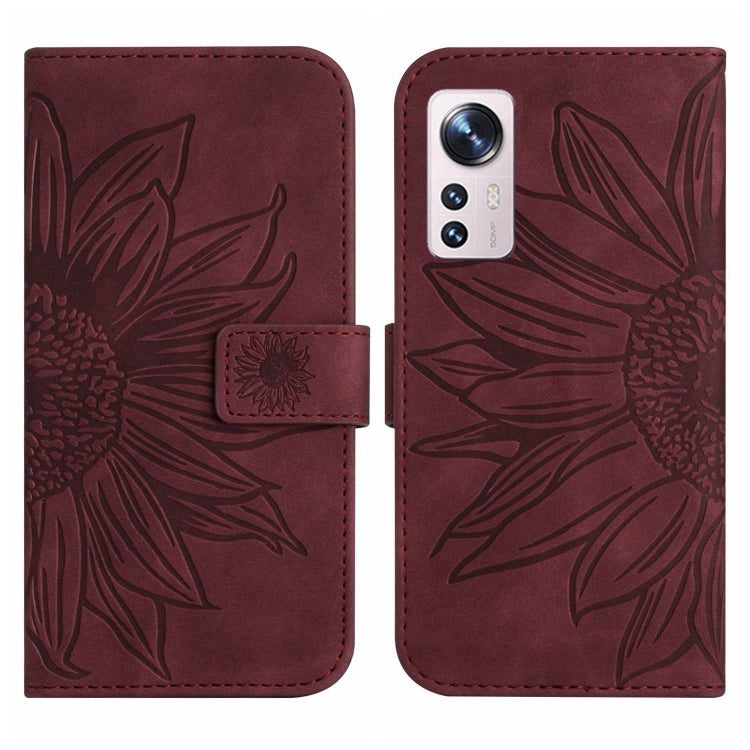 For Xiaomi 12 / 12X Skin Feel Sun Flower Pattern Flip Leather Phone Case with Lanyard(Wine Red) - 12 Cases by buy2fix | Online Shopping UK | buy2fix