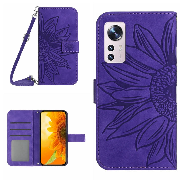 For Xiaomi 12 / 12X Skin Feel Sun Flower Pattern Flip Leather Phone Case with Lanyard(Dark Purple) - 12 Cases by buy2fix | Online Shopping UK | buy2fix