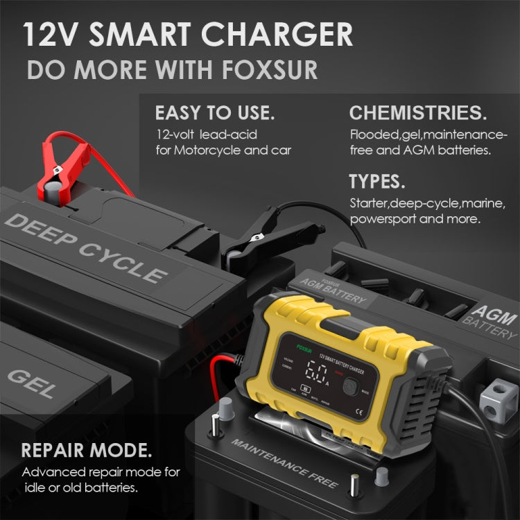 FOXSUR 6A 12V Motorcycle / Car Smart Battery Charger, Plug Type:UK Plug(Yellow) - In Car by FOXSUR | Online Shopping UK | buy2fix