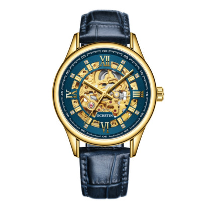 OCHSTIN 6020D Masterpiece Hollow Mechanical Men Watch(Gold-Blue) - Leather Strap Watches by OCHSTIN | Online Shopping UK | buy2fix