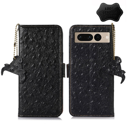 For Google Pixel 7 Pro Ostrich Pattern Genuine Leather RFID Phone Case(Black) - Google Cases by buy2fix | Online Shopping UK | buy2fix