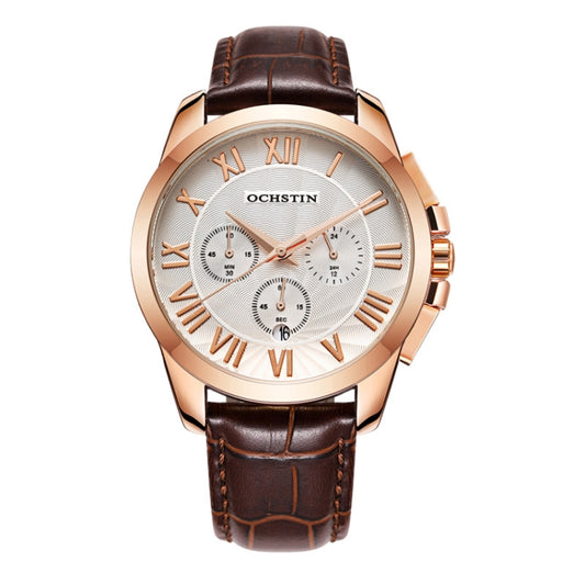 OCHSTIN 6059B Augustine Celebrity Series Multifunctional Quartz Waterproof Men Watch(Rose Gold+Coffee) - Leather Strap Watches by OCHSTIN | Online Shopping UK | buy2fix