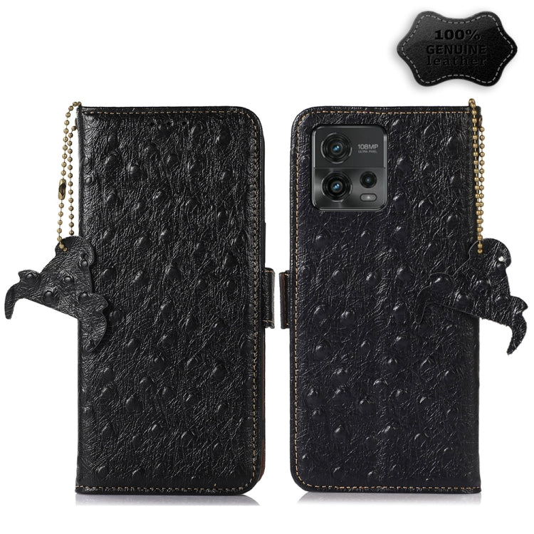 For Motorola Moto G72 4G Ostrich Pattern Genuine Leather RFID Phone Case(Black) - Motorola Cases by buy2fix | Online Shopping UK | buy2fix