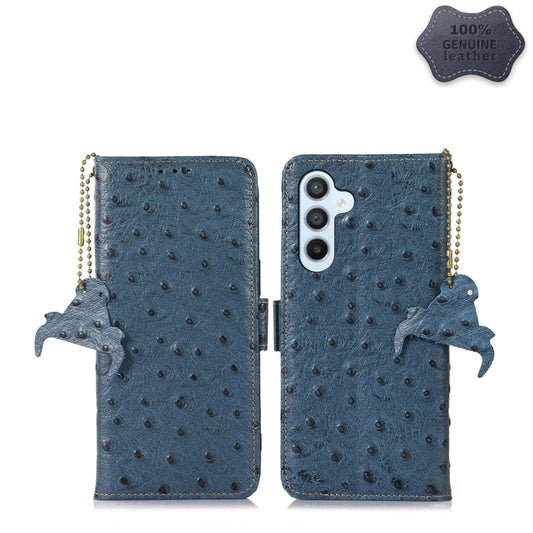 For Samsung Galaxy A34 5G Ostrich Pattern Genuine Leather RFID Phone Case(Blue) - Galaxy Phone Cases by buy2fix | Online Shopping UK | buy2fix