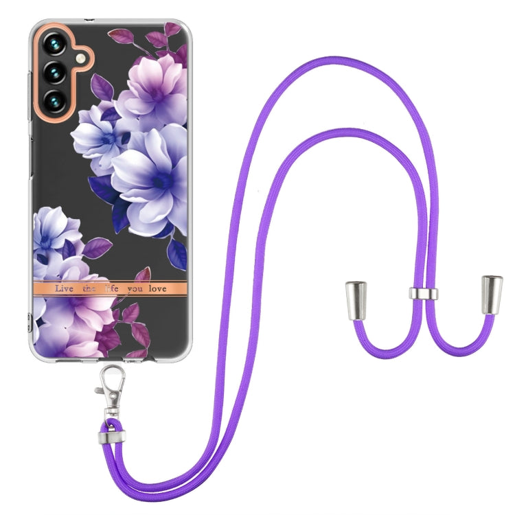 For Samsung Galaxy A14 5G Flowers and Plants Series IMD TPU Phone Case with Lanyard(Purple Begonia) - Galaxy Phone Cases by buy2fix | Online Shopping UK | buy2fix