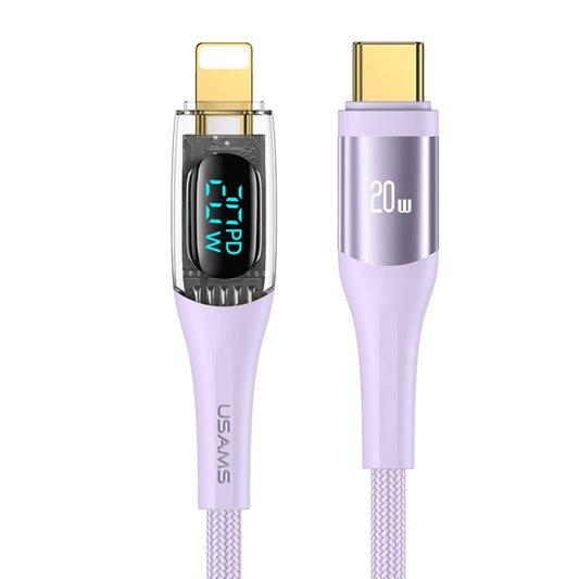 USAMS Type-C to 8 Pin PD20W Aluminum Alloy Transparent Digital Display Fast Charge Data Cable, Cable Length:2m(Purple) - 2 in 1 Cable by USAMS | Online Shopping UK | buy2fix