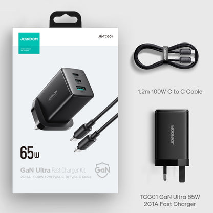 JOYROOM TCG01 GaN Ultra 65W 2 Type-C + 1 USB Fast Charger with 1.2m Type-C Cable, Plug:UK Plug(Black) - USB Charger by JOYROOM | Online Shopping UK | buy2fix