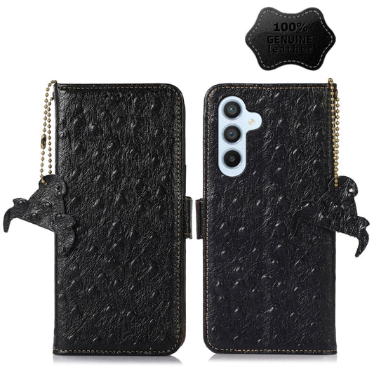 For Samsung Galaxy A14 5G / A14 4G Ostrich Pattern Genuine Leather RFID Phone Case(Black) - Galaxy Phone Cases by buy2fix | Online Shopping UK | buy2fix