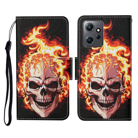 For Xiaomi Redmi Note 12 4G Global Colored Drawing Pattern Flip Leather Phone Case(Flame Skull) - Note 12 Cases by buy2fix | Online Shopping UK | buy2fix