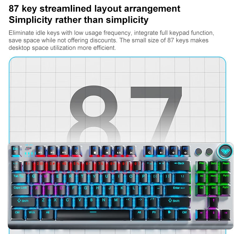 AULA F3001 Backlit 87 Keys Wired/Wireless/Bluetooth Three Model Mechanical Gaming Keyboard(Silver White Red Shaft) - Wireless Keyboard by AULA | Online Shopping UK | buy2fix