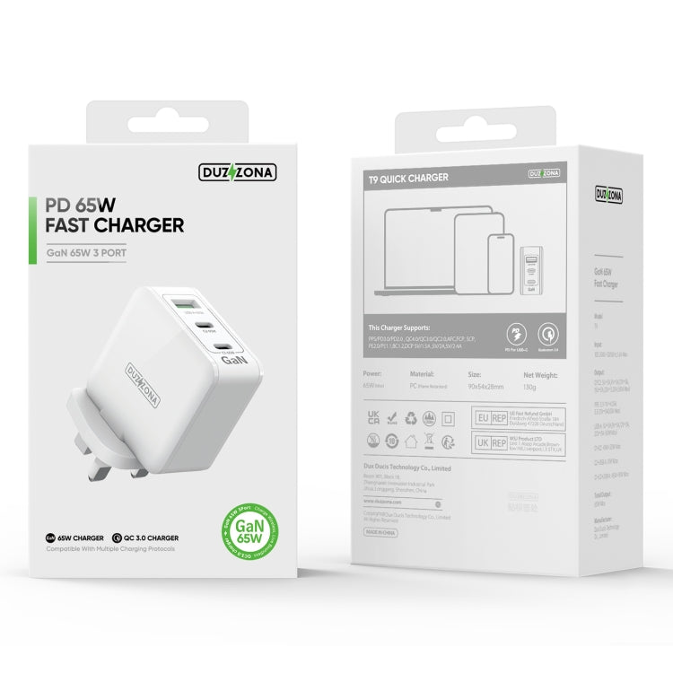 DUZZONA T9 65W Dual USB-C / Type-C+USB GaN Fast Charger, Specification:UK Plug - USB Charger by DUZZONA | Online Shopping UK | buy2fix