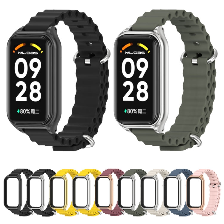 For Xiaomi Smart Band 8 Active / Redmi Band 2 Mijobs Metal Shell Ocean Silicone Watch Band(khaki Green Silver) - Watch Bands by MIJOBS | Online Shopping UK | buy2fix