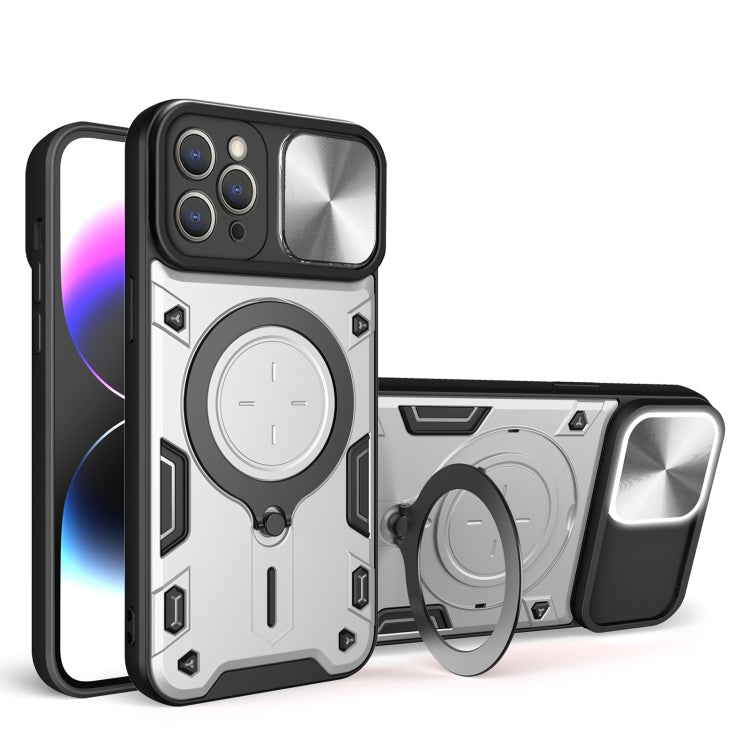 For iPhone 12 Pro CD Texture Sliding Camshield Magnetic Holder Phone Case(Silver) - iPhone 12 / 12 Pro Cases by buy2fix | Online Shopping UK | buy2fix