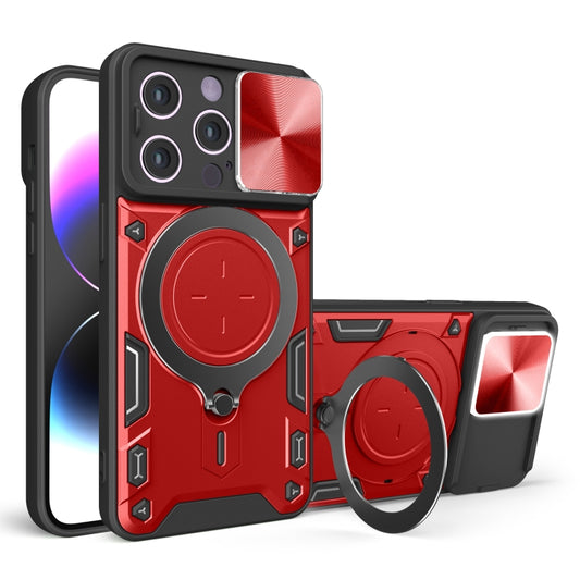 For iPhone 14 CD Texture Sliding Camshield Magnetic Holder Phone Case(Red) - iPhone 14 Cases by buy2fix | Online Shopping UK | buy2fix