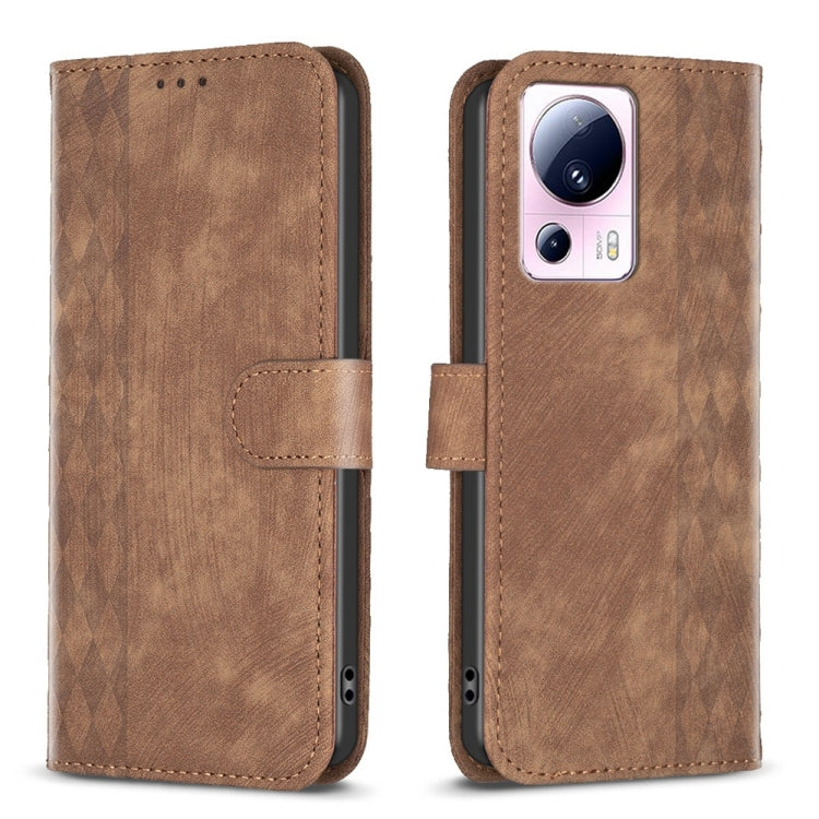 For Xiaomi 13 Lite 5G / Civi 2 Plaid Embossed Leather Phone Case(Brown) - 13 Lite Cases by buy2fix | Online Shopping UK | buy2fix